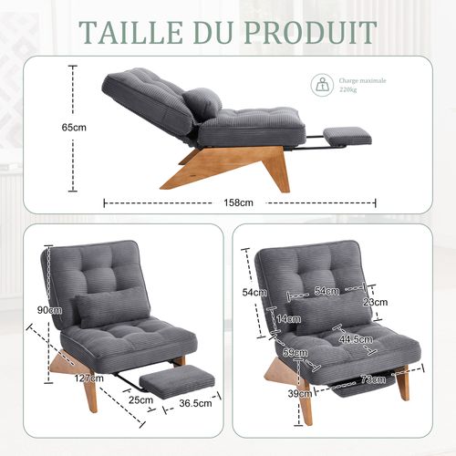 Fauteuil - Lounge Moderne Avec Repose-pieds, Dossier Réglable Et Coussin Lombaire - Gris Foncé