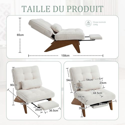 Fauteuil - Fauteuil Lounge Moderne Avec Repose-pieds, Dossier Réglable Et Coussin Lombaire - Beige