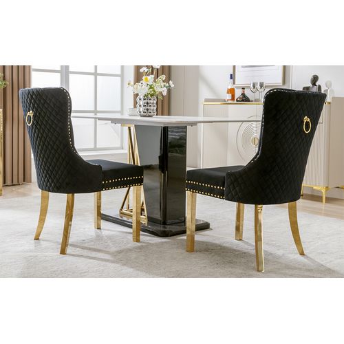 Chaise Salle à Manger Lot De 2 En Velours Noir Avec Anneau Décoratif Et Pieds Dorés - Noir