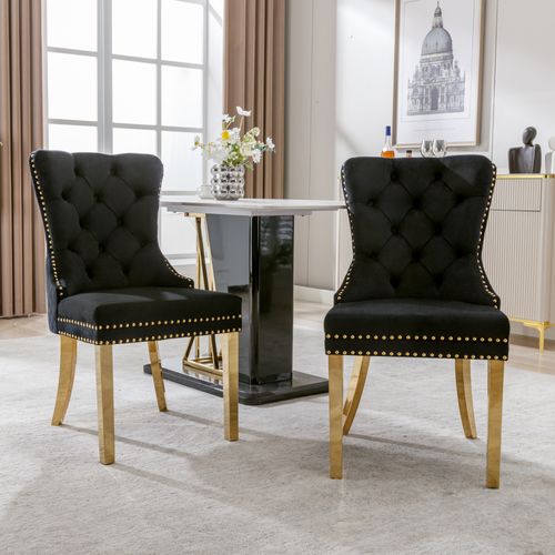 Chaise Salle à Manger Lot De 2 En Velours Noir Avec Anneau Décoratif Et Pieds Dorés - Noir