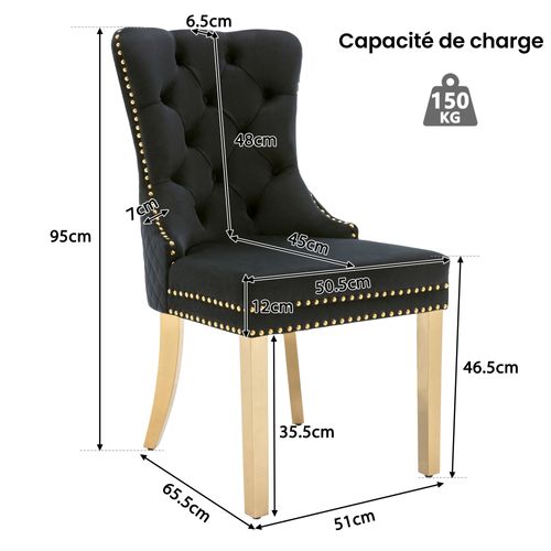 Chaise Salle à Manger Lot De 2 En Velours Noir Avec Anneau Décoratif Et Pieds Dorés - Noir