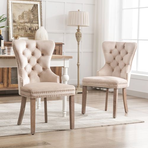 Chaise Salle à Manger Lot De 2 Avec Clous Décoratifs Et Anneau De Tirage, Pieds Bois Velours - Beige