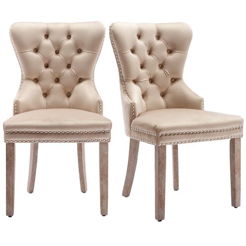 Chaise Salle à Manger Lot De 2 Avec Clous Décoratifs Et Anneau De Tirage, Pieds Bois Velours - Beige