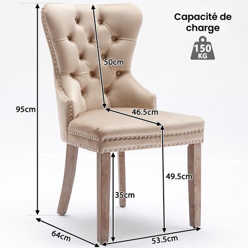 Chaise Salle à Manger Lot De 2 Avec Clous Décoratifs Et Anneau De Tirage, Pieds Bois Velours - Beige