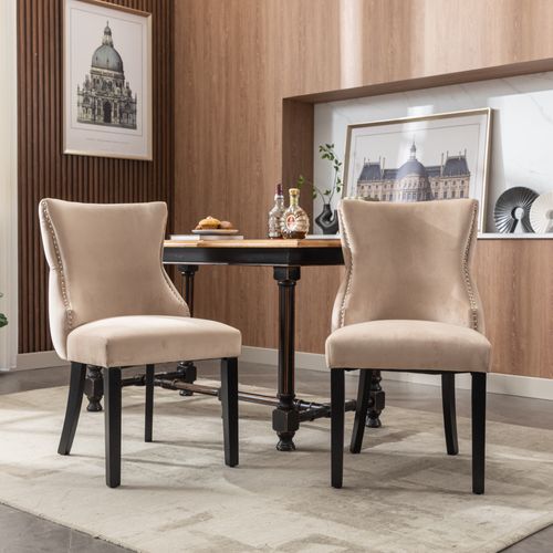 Chaise Salle à Manger Lot De 2 Avec Dossier à Boutons Et Pieds Bois Massif En Velours - Beige