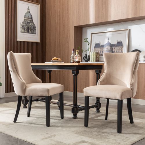 Chaise Salle à Manger Lot De 2 Avec Dossier à Boutons Et Pieds Bois Massif En Velours - Beige