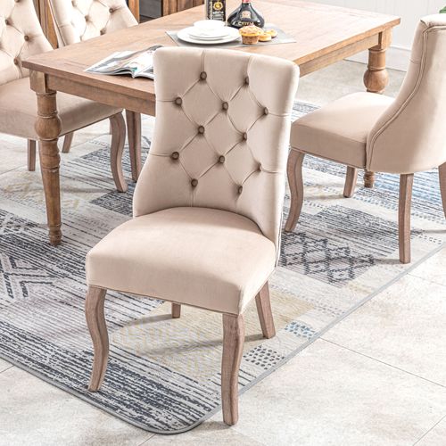 Chaise Salle à Manger Lot De 2 Avec Dossier à Boutons Et Pieds Bois  Velours De Soie - Beige
