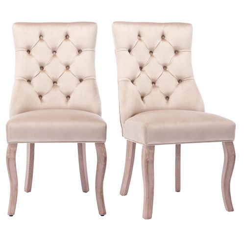 Chaise Salle à Manger Lot De 2 Avec Dossier à Boutons Et Pieds Bois  Velours De Soie - Beige