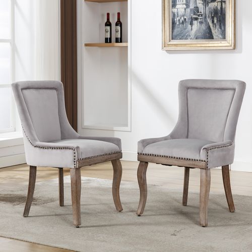 Chaise Salle à Manger Lot De 2 Capitonnées Avec Clous Décoratifs Et Pieds Bois En Velours Gris