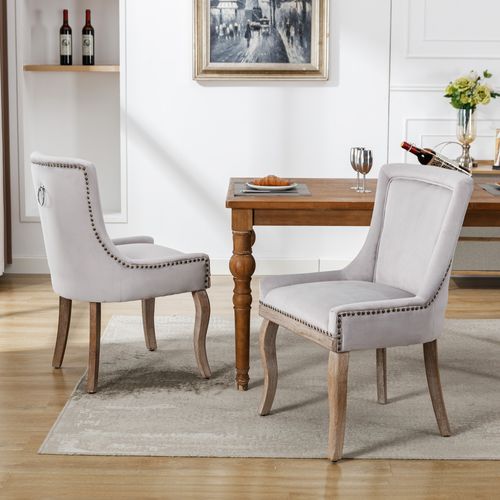 Chaise Salle à Manger Lot De 2 Capitonnées Avec Clous Décoratifs Et Pieds Bois En Velours Gris