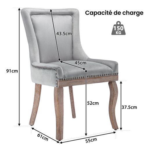 Chaise Salle à Manger Lot De 2 Capitonnées Avec Clous Décoratifs Et Pieds Bois En Velours Gris
