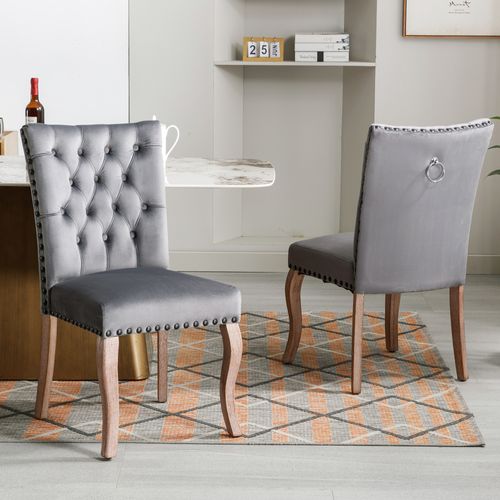 Chaise Salle à Manger Lot De 2 Avec Clous Décoratifs Et Pieds Bois Massif En Velours Gris