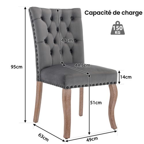 Chaise Salle à Manger Lot De 2 Avec Clous Décoratifs Et Pieds Bois Massif En Velours Gris