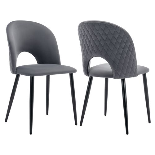 Chaise Salle à Manger Lot De 2 En Velours Gris Avec Dossier Losanges Et Pieds Métalliques Réglables