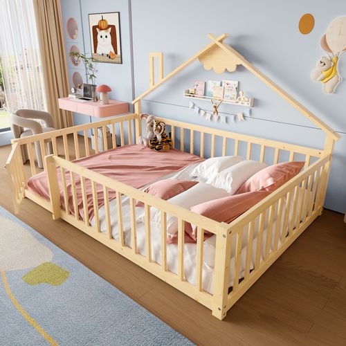 Lit Enfant 140x190 Cm - Lit Maison Avec Barrières - Pin + Mdf - Naturel