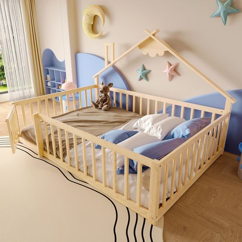 Lit Enfant 140x190 Cm - Lit Maison Avec Barrières - Pin + Mdf - Naturel