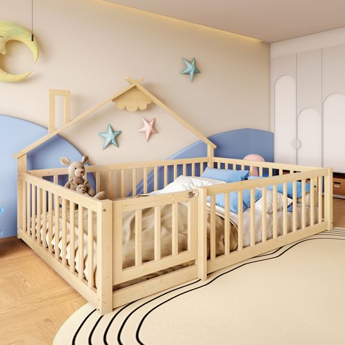 Lit Enfant 140x190 Cm - Lit Maison Avec Barrières - Pin + Mdf - Naturel