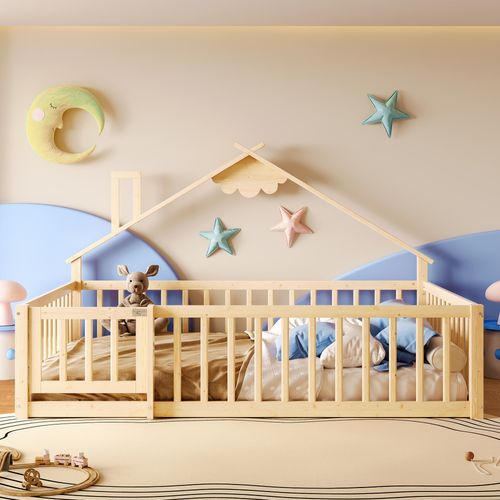 Lit Enfant 140x190 Cm - Lit Maison Avec Barrières - Pin + Mdf - Naturel