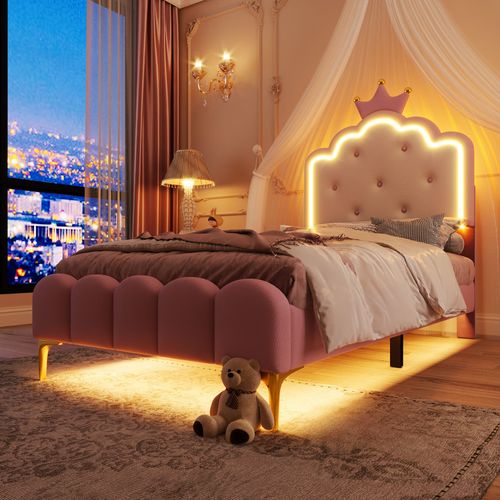 Lit Enfant 90x200 Cm - Lit Princesse Avec Tête Couronne Et LED Télécommandée - Rose