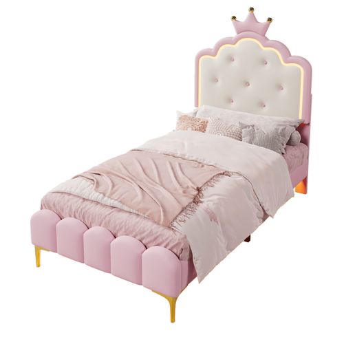 Lit Enfant 90x200 Cm - Lit Princesse Avec Tête Couronne Et LED Télécommandée - Rose