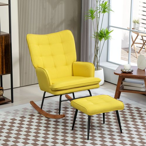 Fauteuil à Bascule En Lin Jaune Avec Repose-pieds Confortable Pour Salon Et Chambre