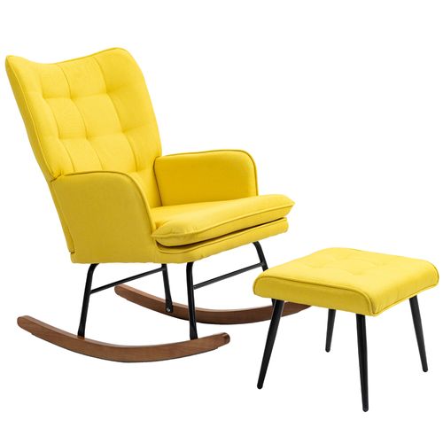 Fauteuil à Bascule En Lin Jaune Avec Repose-pieds Confortable Pour Salon Et Chambre