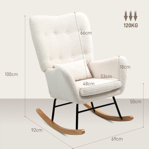 Fauteuil à Bascule En Tissu Teddy Doux Blanc Crème Avec Dossier Rembourré Et Pieds En Bois