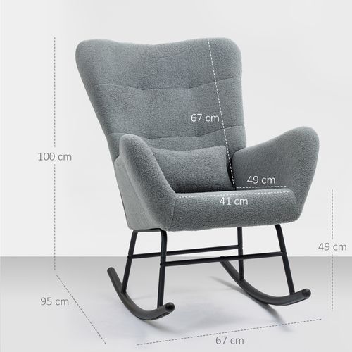 Fauteuil à Bascule En Tissu Teddy Gris Doux Avec Poche Latérale Et Coussin, Cadre Métal