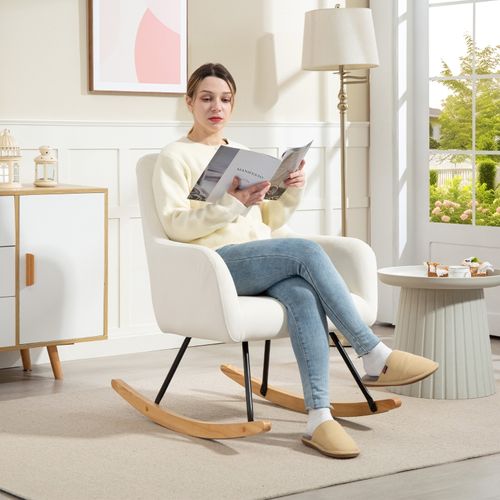 Fauteuil à Bascule En Velours Doux Avec Dossier Épais Et Pieds En Bois, Blanc Crème