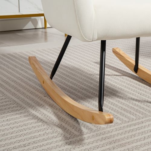 Fauteuil à Bascule En Velours Doux Avec Dossier Épais Et Pieds En Bois, Blanc Crème