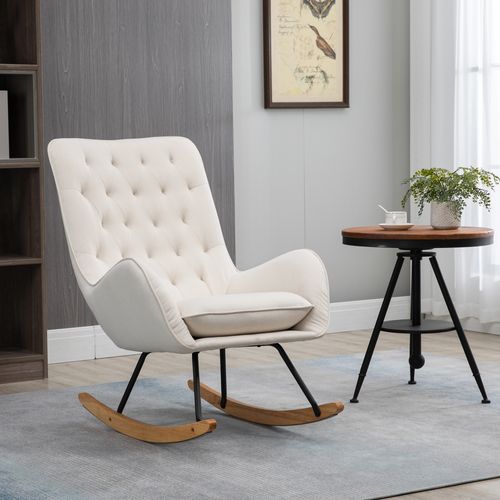 Fauteuil à Bascule Élégant En Tissu Lin Avec Dossier Capitonné Et Pieds En Bois, Blanc Crème