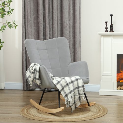 Fauteuil à Bascule En Velours Gris Clair Avec Dossier Capitonné Et Pieds En Bois