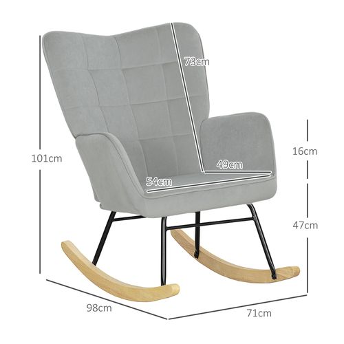 Fauteuil à Bascule En Velours Gris Clair Avec Dossier Capitonné Et Pieds En Bois