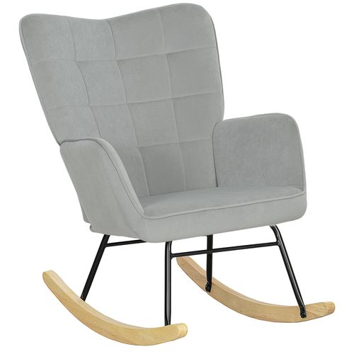 Fauteuil à Bascule En Velours Gris Clair Avec Dossier Capitonné Et Pieds En Bois