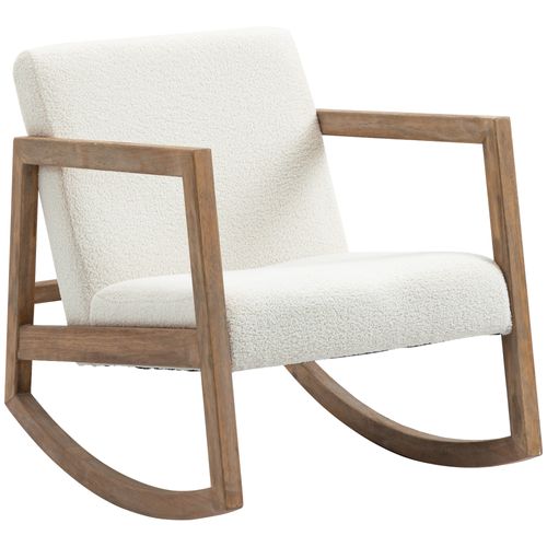 Fauteuil à Bascule En Bois Avec Coussins En Tissu Teddy, Design Blanc Crème Et Naturel