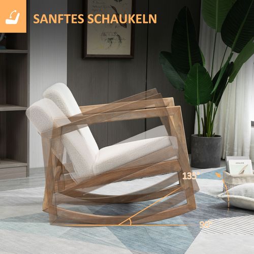 Fauteuil à Bascule En Bois Avec Coussins En Tissu Teddy, Design Blanc Crème Et Naturel