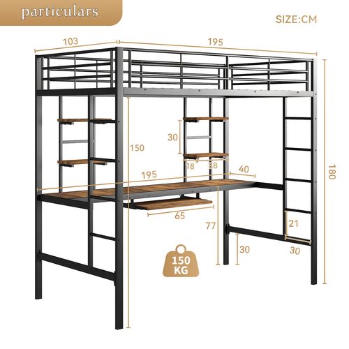 Lit Mezzanine Métal Noir 90x190 Cm Avec Bureau, Tablette Clavier Intégré Et Rangement