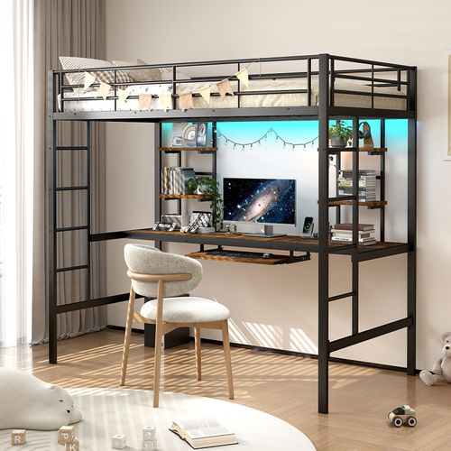Lit Mezzanine Métal Noir 90x190 Cm Avec Bureau, Tablette Clavier Intégré Et Rangement