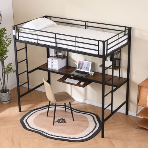 Lit Mezzanine Métal Noir 90x190 Cm Avec Bureau, Tablette Clavier Intégré Et Rangement