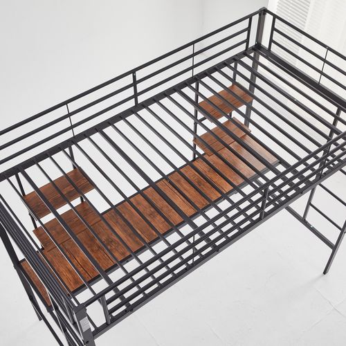 Lit Mezzanine Métal Noir 90x190 Cm Avec Bureau, Tablette Clavier Intégré Et Rangement