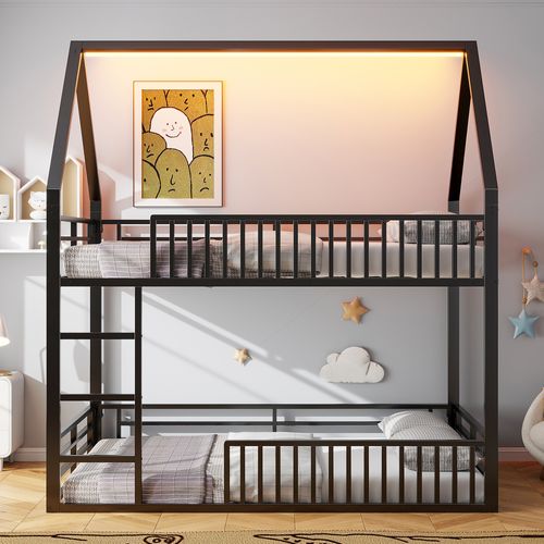 Lit Superposé 140x200 Noir En Métal, Lit Cabane Enfant Avec Barrière Et LED