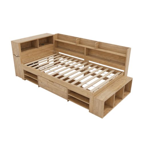Lit Enfant 90x200 Cm Avec Rangement, Chevet Intégré, Tiroir Et Bibliothèques, Bois Naturel