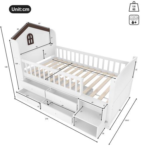 Lit Mi-haut Cabane 90x200 Cm En Bois Avec LED, 4 Tiroirs Et Étagères, Escalier Avec Rangement, Blanc