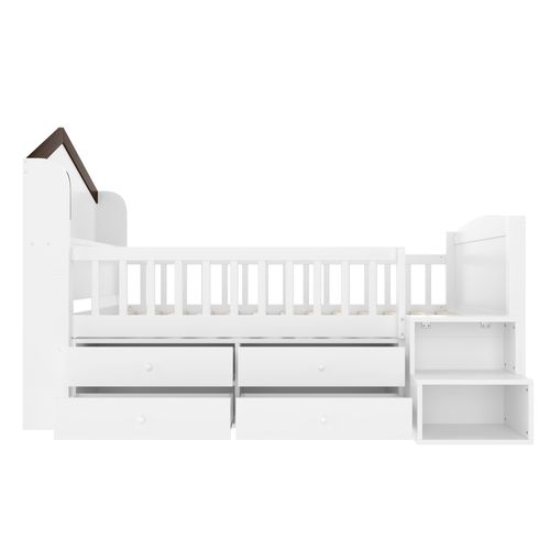 Lit Mi-haut Cabane 90x200 Cm En Bois Avec LED, 4 Tiroirs Et Étagères, Escalier Avec Rangement, Blanc