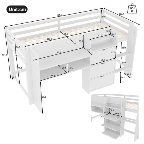 Lit Mi-haut Enfant 90x200 Cm Avec Étagères, Rangements Fermés Et Échelle, Bois Blanc