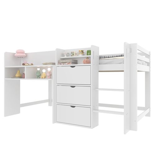 Lit Mi-haut Enfant 90x200 Cm Avec Étagères, Rangements Fermés Et Échelle, Bois Blanc