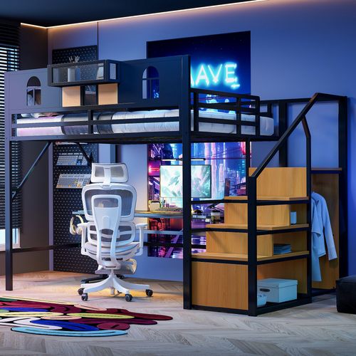 Lit Mezzanine 140x200 Cm En Métal Noir, Échelle De Rangement, Étagères Et Espace Modulable