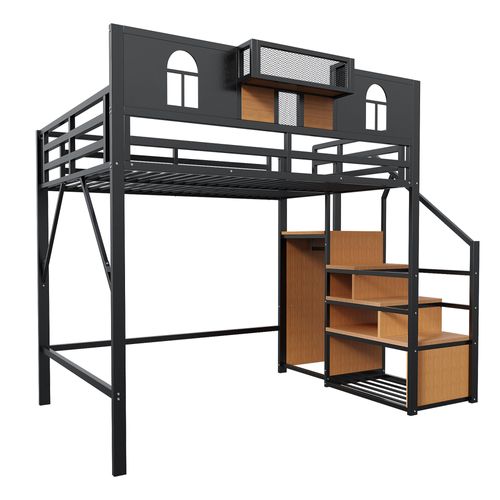 Lit Mezzanine 140x200 Cm En Métal Noir, Échelle De Rangement, Étagères Et Espace Modulable