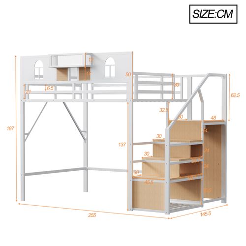 Lit Mezzanine Métal 140x200 Cm Blanc Avec Échelle De Rangement, Étagère Et Espace Modulable