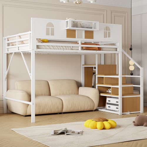 Lit Mezzanine Métal 140x200 Cm Blanc Avec Échelle De Rangement, Étagère Et Espace Modulable